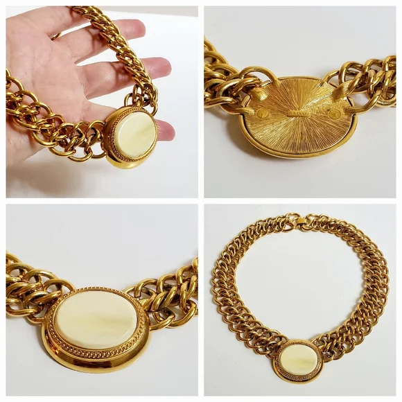 Rare! Chunky Vintage Monet Chain Link Choker with Ivory Center Stone